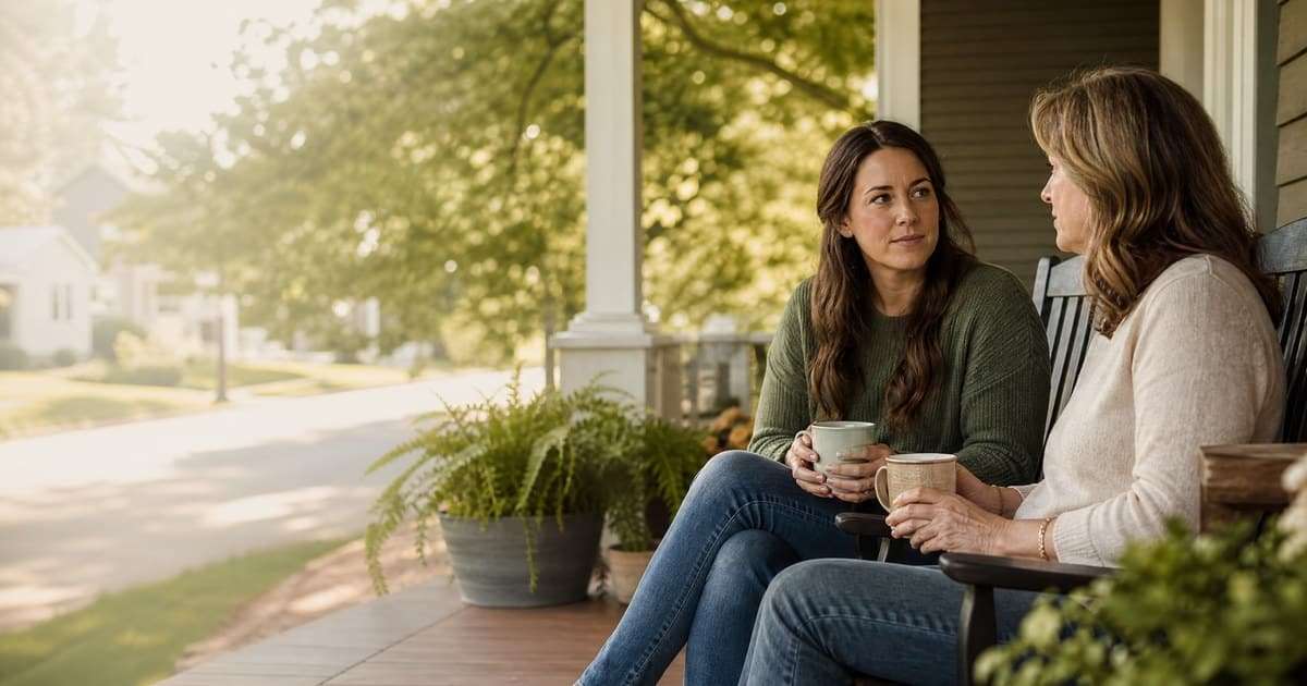 Adult daughter and mother having a calm conversation on a front porch