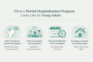 Horizontal infographic showing what a partial hospitalization program looks like for young adults, including daily therapy, peer group support, structured routine, and evenings at home to practice recovery skills.