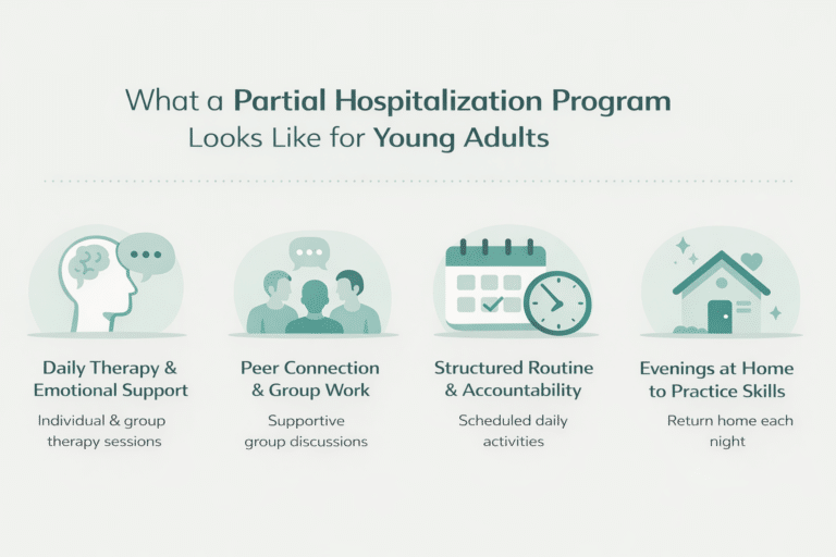 Horizontal infographic showing what a partial hospitalization program looks like for young adults, including daily therapy, peer group support, structured routine, and evenings at home to practice recovery skills.