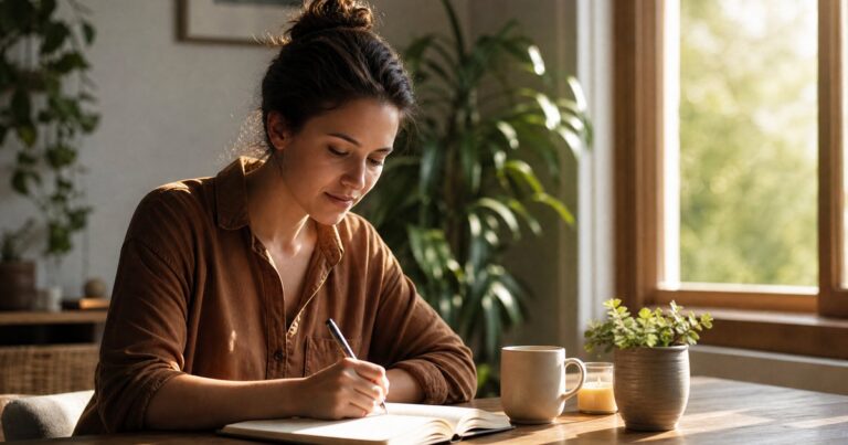Person writing a relapse prevention plan at a desk with sunlight
