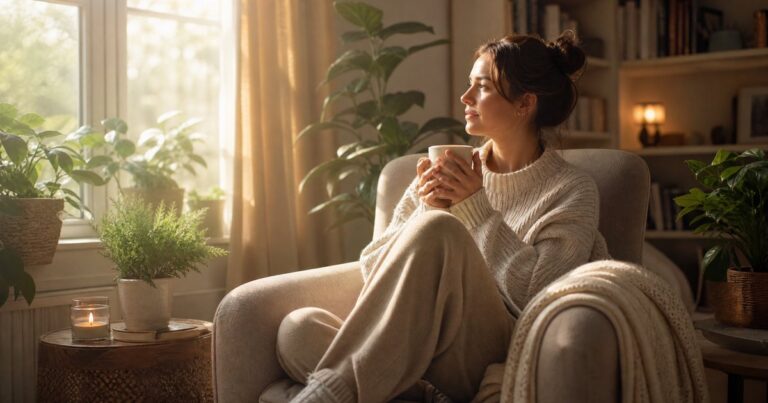 Person sitting peacefully in armchair with tea, reflecting on healing and recovery