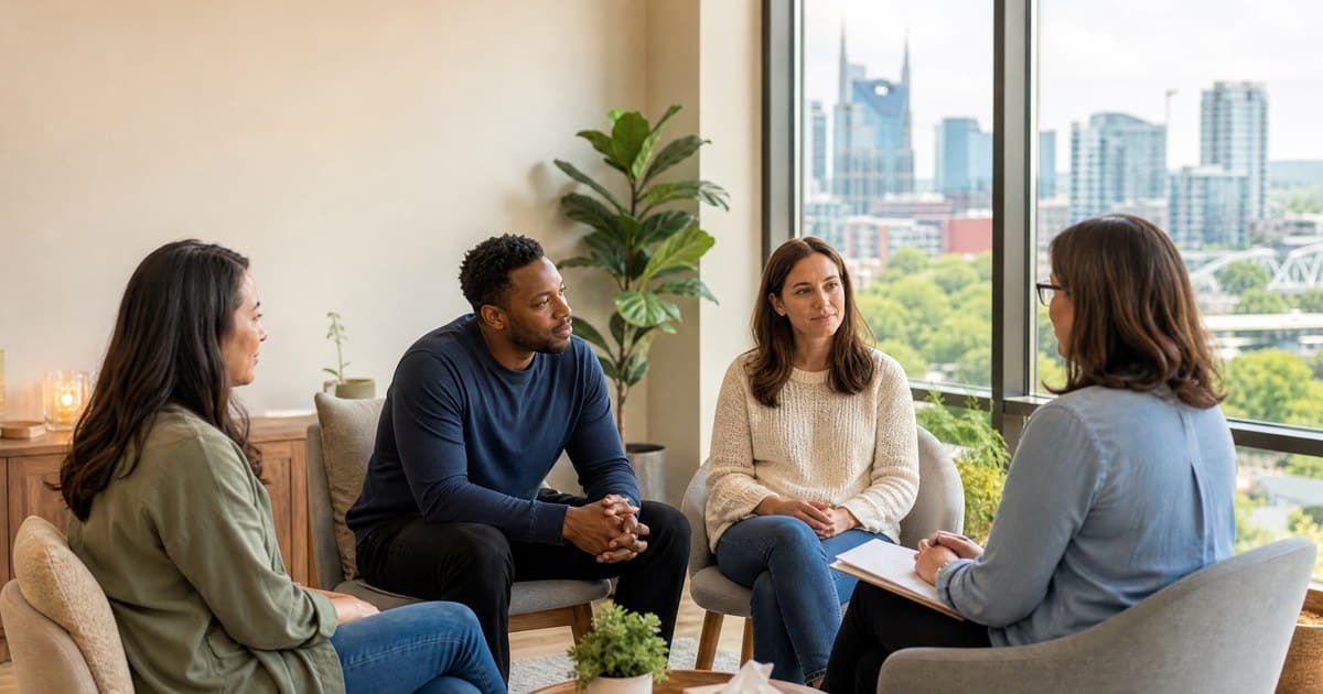 Supportive group session in a bright Nashville therapy room