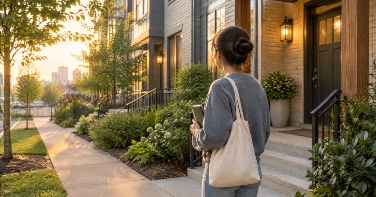 Resident walking toward a welcoming Nashville recovery home at sunrise