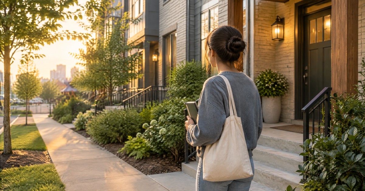 Resident walking toward a welcoming Nashville recovery home at sunrise