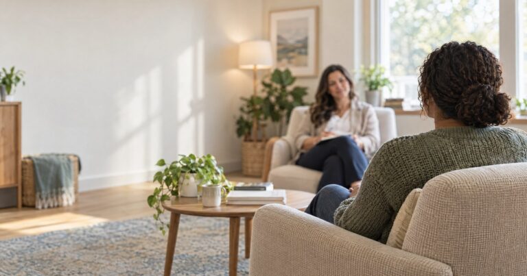 Client and therapist meeting in a calm trauma-informed therapy room in Nashville