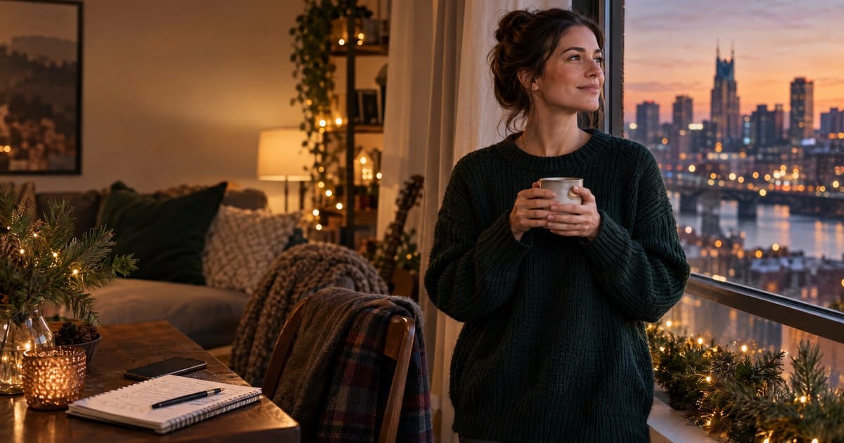 Person enjoying a calm Nashville holiday evening with a warm drink and recovery plan